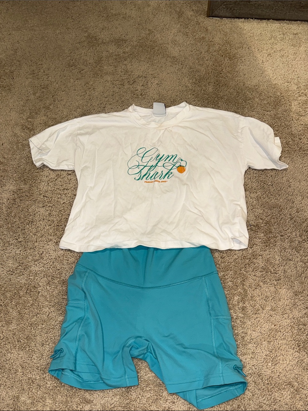 Gymshark White Crop Tee with Teal Logo and Teal Shorts